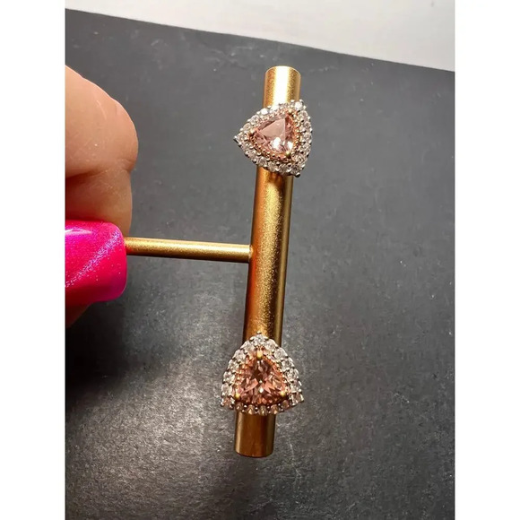 Morganite and zircon trillion halo rose gold over sterling stud earrings - Picture 6 of 10